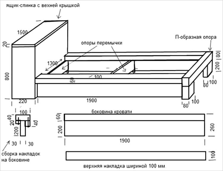 Чертеж кровати с тумбочкой