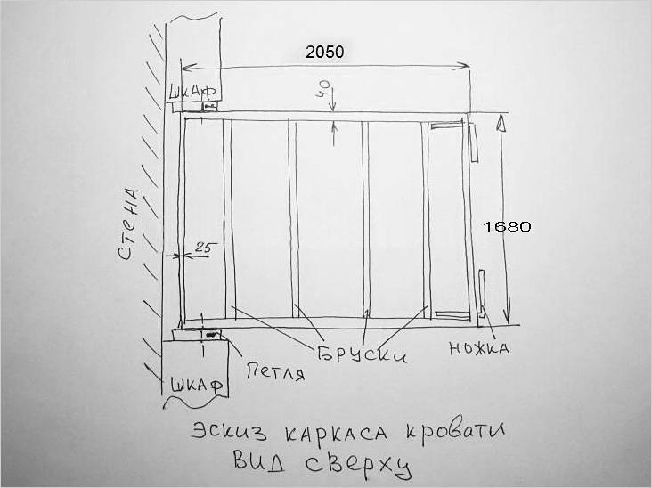 Эскиз каркаса двуспальной подъемной кровати