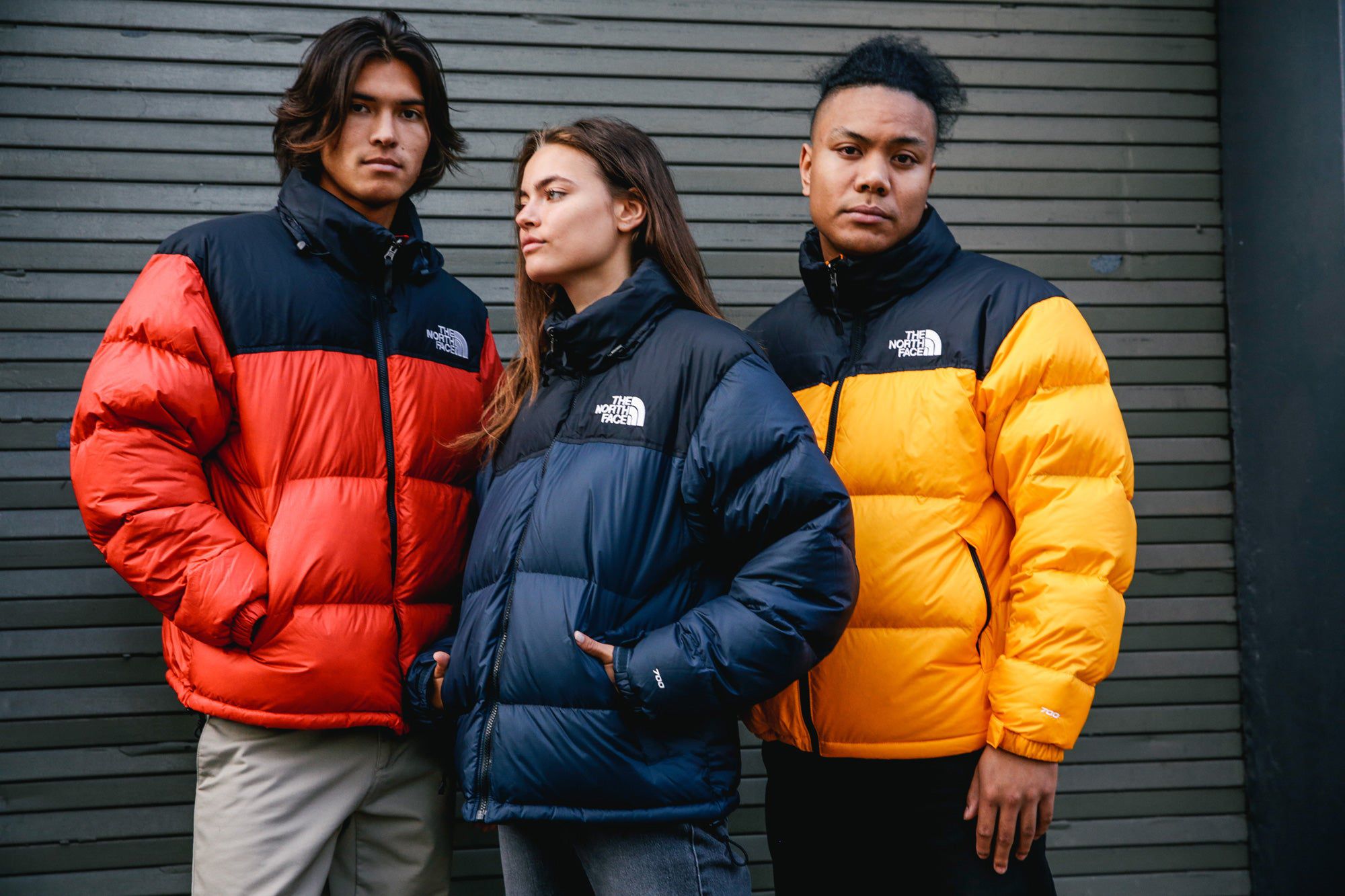 Двое парней и девушка в куртках The North Face